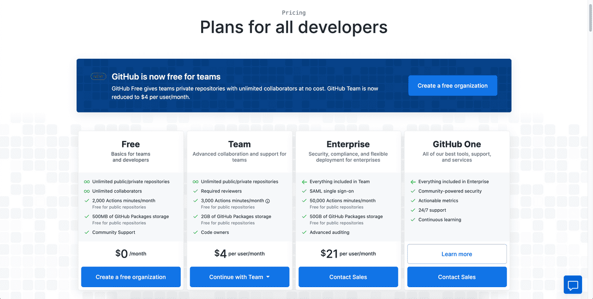 Github Pricing Plan Page Screenshot